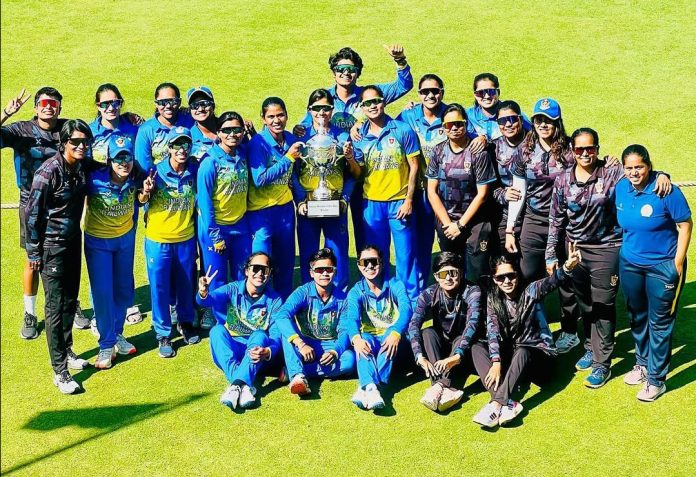 The dominant Railways team strikes a pose with the trophy. [Image: Instagram] Senior Women’s One Day Trophy 2024